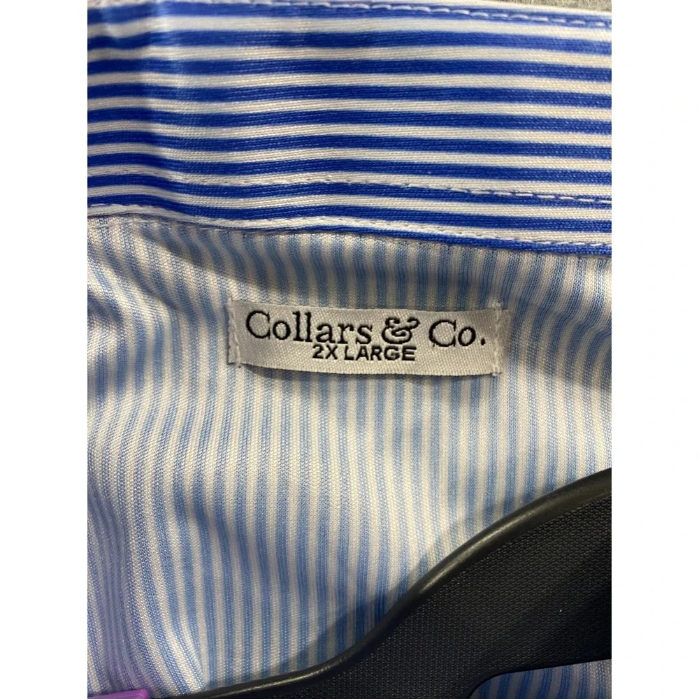 COLLARS & CO Men's 2XL Blue‎ Striped Short Sleeve Relaxed Dress Polo Shirt